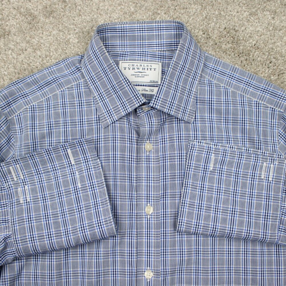 Charles Tyrwhitt Dress Shirt Mens 15, 33 Blue Non Iron Slim Fit French Cuff L/S